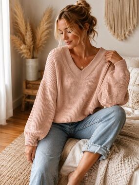 Zenana Blush Pink Waffle Knit Oversized Sweater XL Cozy Boho Soft Pullover